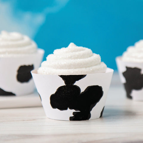 Cow Print Cupcake Wrappers - PRINTABLE cupcake wraps pdf, farm animals barnyard theme, Holstein cow pattern, black spots on white, kid party