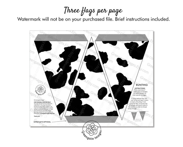 Cow Print Bunting - PRINTABLE instant digital download pdf, farm barnyard birthday party decorations, Holstein spots, ranch cowboy cowgirl