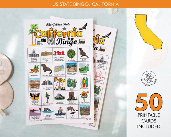 California Bingo - 50 PRINTABLE unique cards you download instantly. Fun CA state activity for kids-seniors. Educational homeschool game.