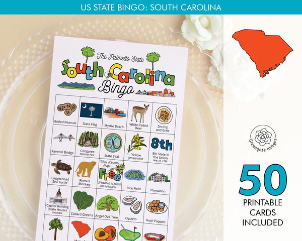 South Carolina Bingo Cards - 50 PRINTABLE unique cards. Download instantly. SC state activity for kids-seniors. Educational homeschool game.