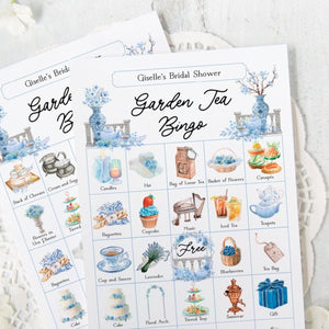 Garden Tea Party Bingo Cards - 50 PRINTABLE unique cards in a PDF set. Personalize the header and title text using Adobe Reader. Dusty blue.