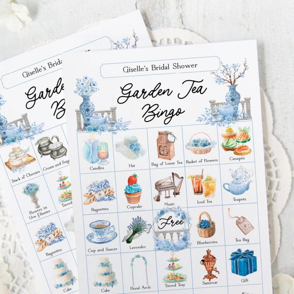 Garden Tea Party Bingo Cards - 50 PRINTABLE unique cards in a PDF set. Personalize the header and title text using Adobe Reader. Dusty blue.