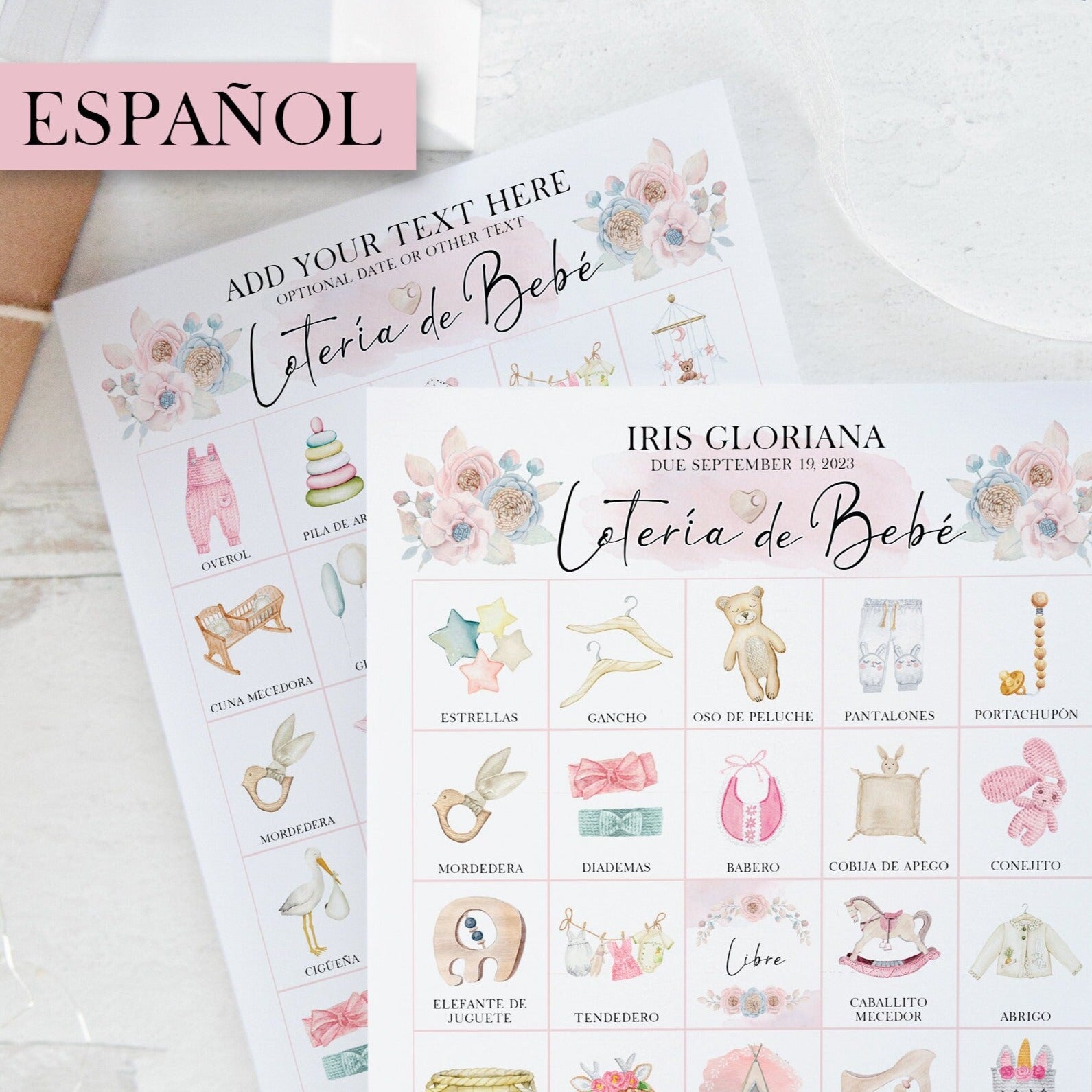 GIRL - Lotería de Bebé: 100 Cards, PRINTABLE bingo pdf, personalized baby shower bingo game in Spanish. Color pictures, baby girl feminine
