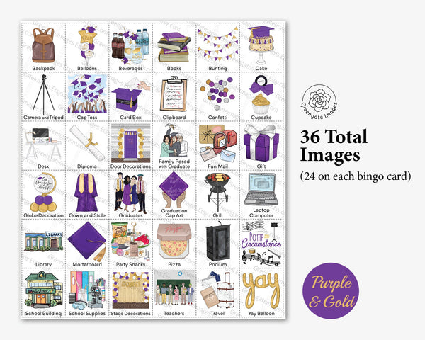 Graduation Bingo - 50 PRINTABLE unique cards. Purple and gold color scheme to match your school colors. Personalize some text & add pic.