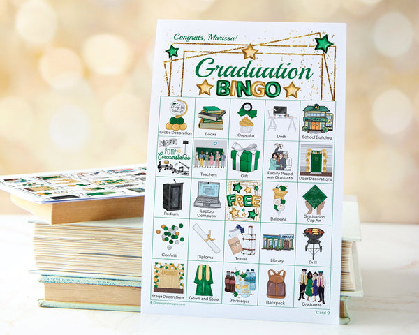 Graduation Bingo - 50 PRINTABLE unique cards. Green and gold color scheme to match your school colors. Personalize some text & add pic.