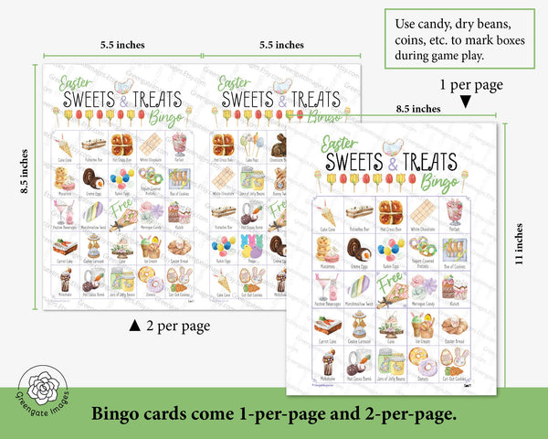 Easter Sweets & Treats Bingo - 50 PRINTABLE unique cards. Instant download PDF. Senior citizens, adults, kids, children activity for Easter.