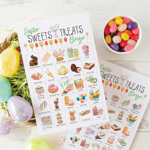 Easter Sweets & Treats Bingo - 50 PRINTABLE unique cards. Instant download PDF. Senior citizens, adults, kids, children activity for Easter.