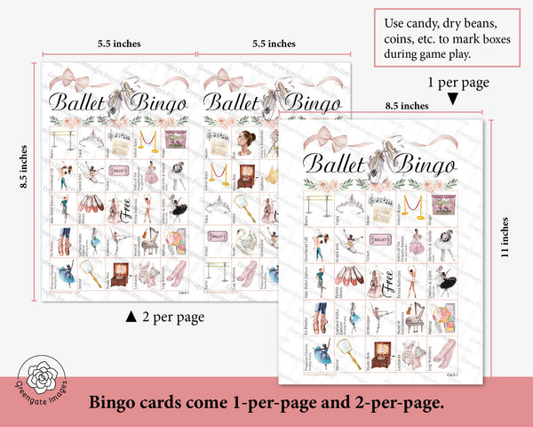 Ballet Bingo - 50 PRINTABLE unique cards. Instant digital download PDF. Pictures of ballerinas, costumes, famous ballets, poses & movements.