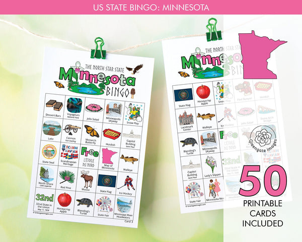 Minnesota Bingo Cards - 50 PRINTABLE unique cards. Download instantly. MN state activity for kids-seniors. Educational homeschool game.