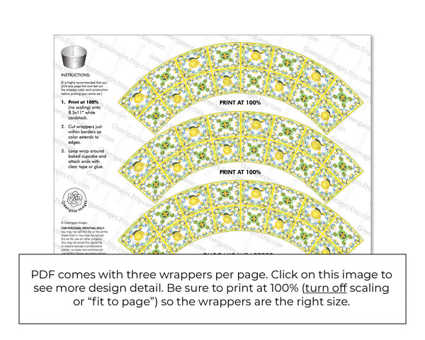 Lemons and Yellow Tile Cupcake Wrapper - PRINTABLE instant download PDF.  Yellow/gold/white/blue/green tile w lemons. Amalfi coast cheerful.