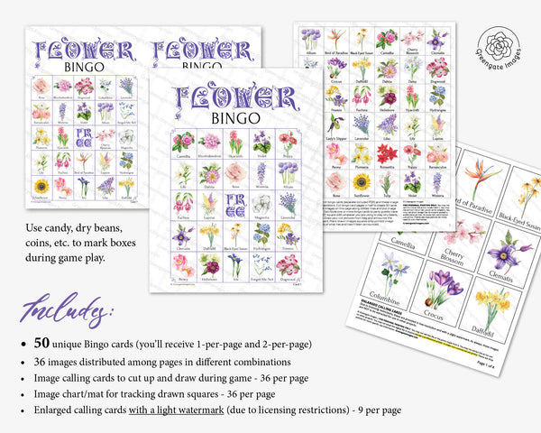 Flower Bingo Cards: Printable bingo, 50 cards, senior citizen activities, kids game idea, educational homeschooling, easter game, game ideas