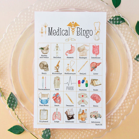 Medical Bingo - 50 PRINTABLE unique cards. Instant digital download PDF. Pictures doctor equipment, clothing, medicine, human body anatomy.