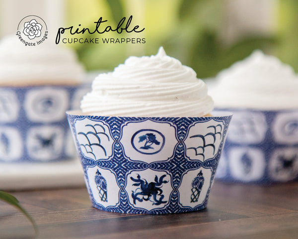 Chinoiserie Tile Cupcake Wrapper - PRINTABLE instant download PDF. Sleeve style of dark blue chinoiserie tree, water waves, vase, ornament.