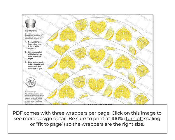 Lemon Heart Cupcake Wrapper - PRINTABLE instant digital download PDF. Watercolor heart-shaped lemons for fruit/citrus-themed party decor.