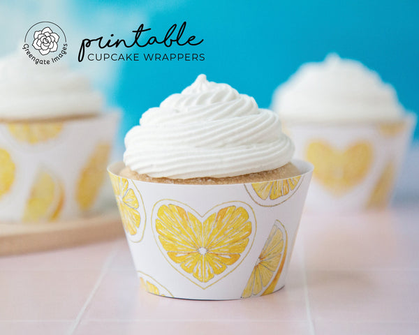 Lemon Heart Cupcake Wrapper - PRINTABLE instant digital download PDF. Watercolor heart-shaped lemons for fruit/citrus-themed party decor.