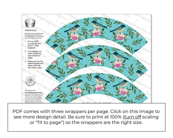 Birds & Flowers Cupcake Wrapper - PRINTABLE instant download PDF. Turquoise aqua blue w/ cute bluebirds, pink flowers, and leaves/greenery.