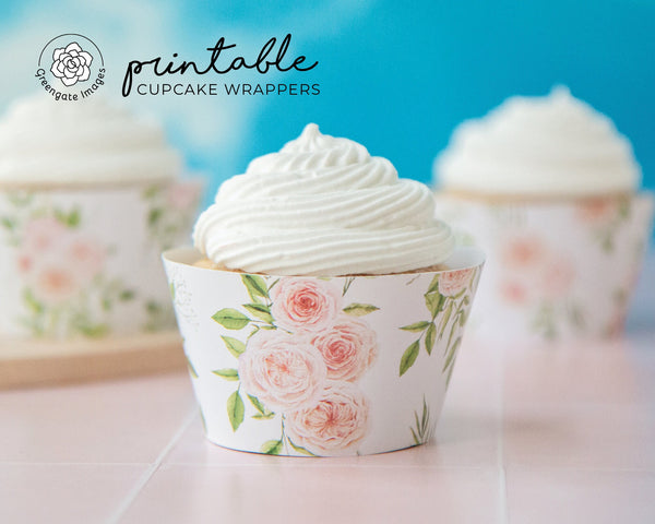 Peachy Pink Roses Cupcake Wrappers - PRINTABLE floral cupcake wraps download pdf, bridal shower ideas, wedding cupcakes, dessert table idea