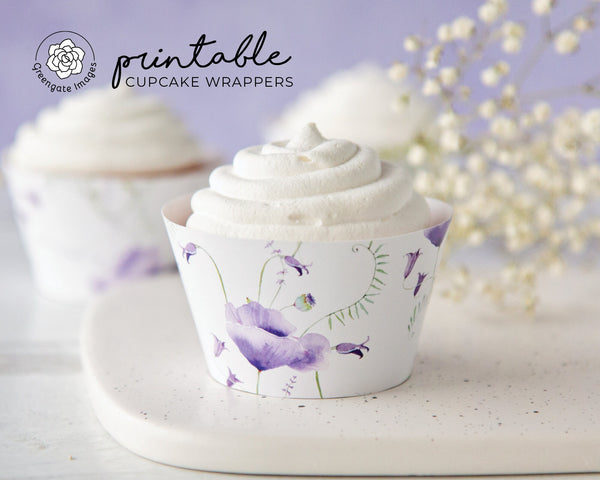 Sweet Pea Blue Bell Cupcake Wrappers - PRINTABLE floral cupcake wraps pdf. Bridal shower, birthday dessert table, garden/farm country style.