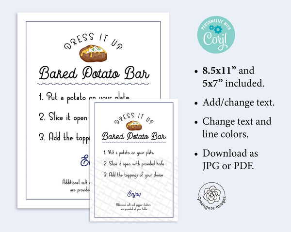 Baked Potato Bar Sign - 8.5x11" and 5x7". Editable on Corjl, wedding sign, potato toppings instructions event sign, editable party signage.