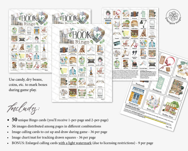 Book (Love) Bingo - 50 PRINTABLE unique cards. Instant digital download PDF. Fun activity for book-themed bridal showers, birthdays & clubs.