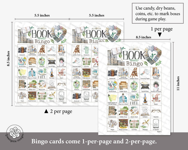 Book (Love) Bingo - 50 PRINTABLE unique cards. Instant digital download PDF. Fun activity for book-themed bridal showers, birthdays & clubs.
