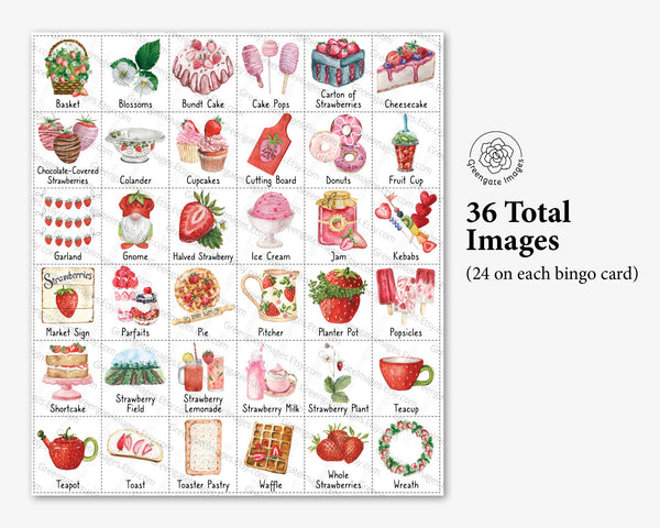Strawberry Bingo - 50 PRINTABLE unique cards. Instant digital download PDF. Fun activity for strawberry-themed baby showers and birthdays.