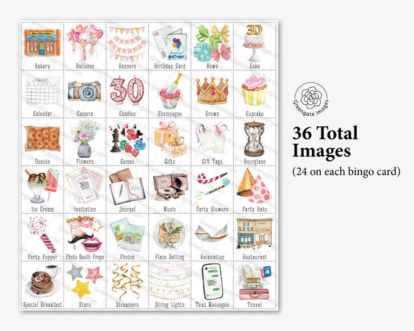 30th Birthday Bingo - 50 PRINTABLE unique cards. Instant digital download PDF. Blush, rose pink tones with watercolor art. Woman's birthday.