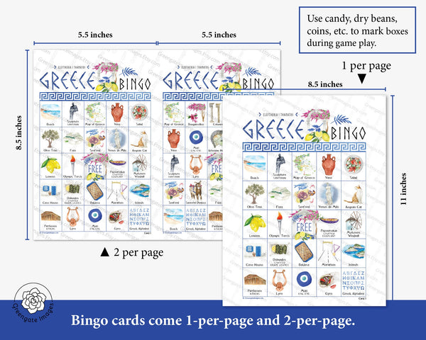 Greece Bingo - 50 PRINTABLE unique cards. Instant digital download PDF. Fun group game activity for Greek travel: Santorini Mykonos Athens.
