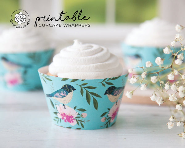 Birds & Flowers Cupcake Wrapper - PRINTABLE instant download PDF. Turquoise aqua blue w/ cute bluebirds, pink flowers, and leaves/greenery.