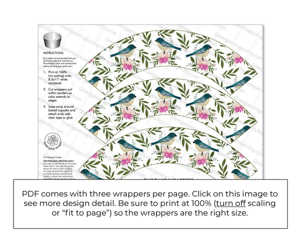 Birds & Flowers Cupcake Wrapper - PRINTABLE instant download PDF. Cute bluebirds, pink flowers, and leaves/greenery. Spring or summer event.