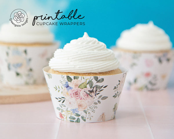 Flowers & Butterflies Cupcake Wrappers - PRINTABLE instant download pdf. Bridal shower ideas, spring/summer wedding cupcakes, dessert table.