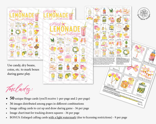Pink Lemonade Bingo - 50 PRINTABLE unique cards. Instant digital download PDF. Fun activity for pink lemonade-themed parties and picnics.