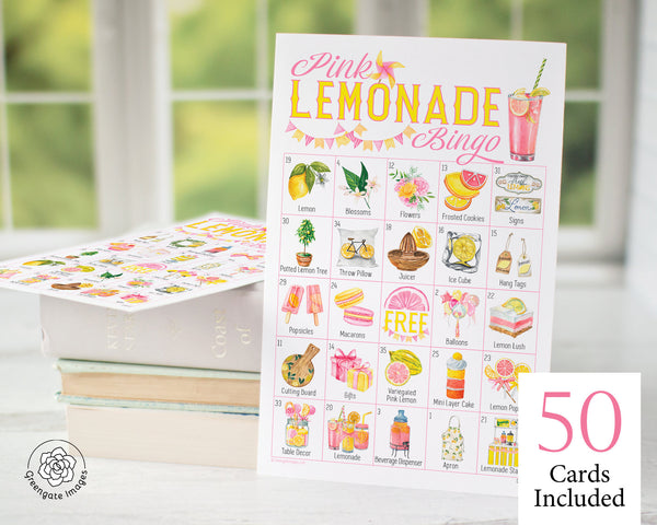 Pink Lemonade Bingo - 50 PRINTABLE unique cards. Instant digital download PDF. Fun activity for pink lemonade-themed parties and picnics.
