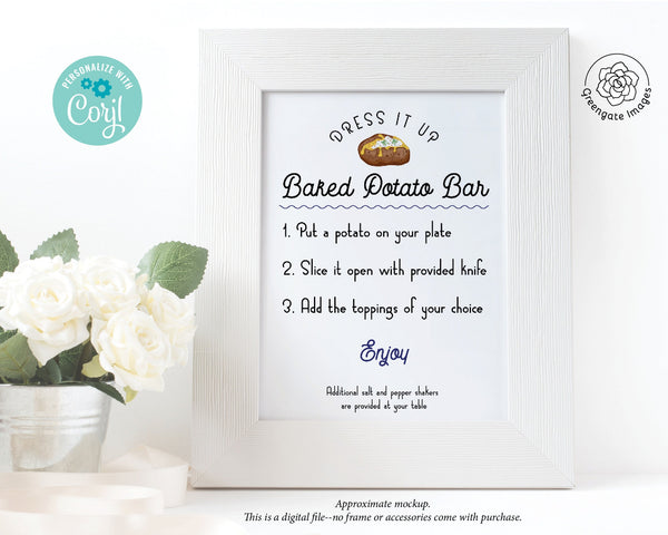 Baked Potato Bar Sign - 8.5x11" and 5x7". Editable on Corjl, wedding sign, potato toppings instructions event sign, editable party signage.