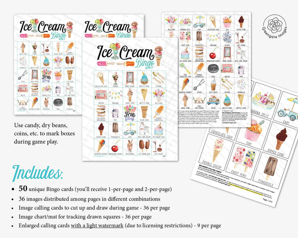 Ice Cream Bingo - 50 PRINTABLE unique cards. Instant digital download PDF. Pictures of ice cream flavors, shop, cones, and different treats.