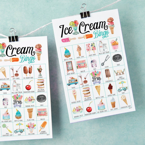 Ice Cream Bingo - 50 PRINTABLE unique cards. Instant digital download PDF. Pictures of ice cream flavors, shop, cones, and different treats.