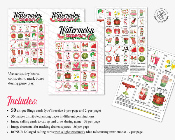 Watermelon Bingo - 50 PRINTABLE unique cards. Instant digital download PDF. Fun activity for One in a Melon themed parties and picnics.