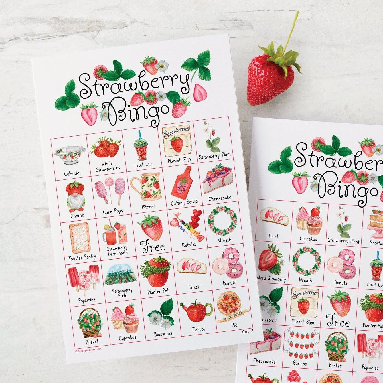 Strawberry Bingo - 50 PRINTABLE unique cards. Instant digital download PDF. Fun activity for strawberry-themed baby showers and birthdays.