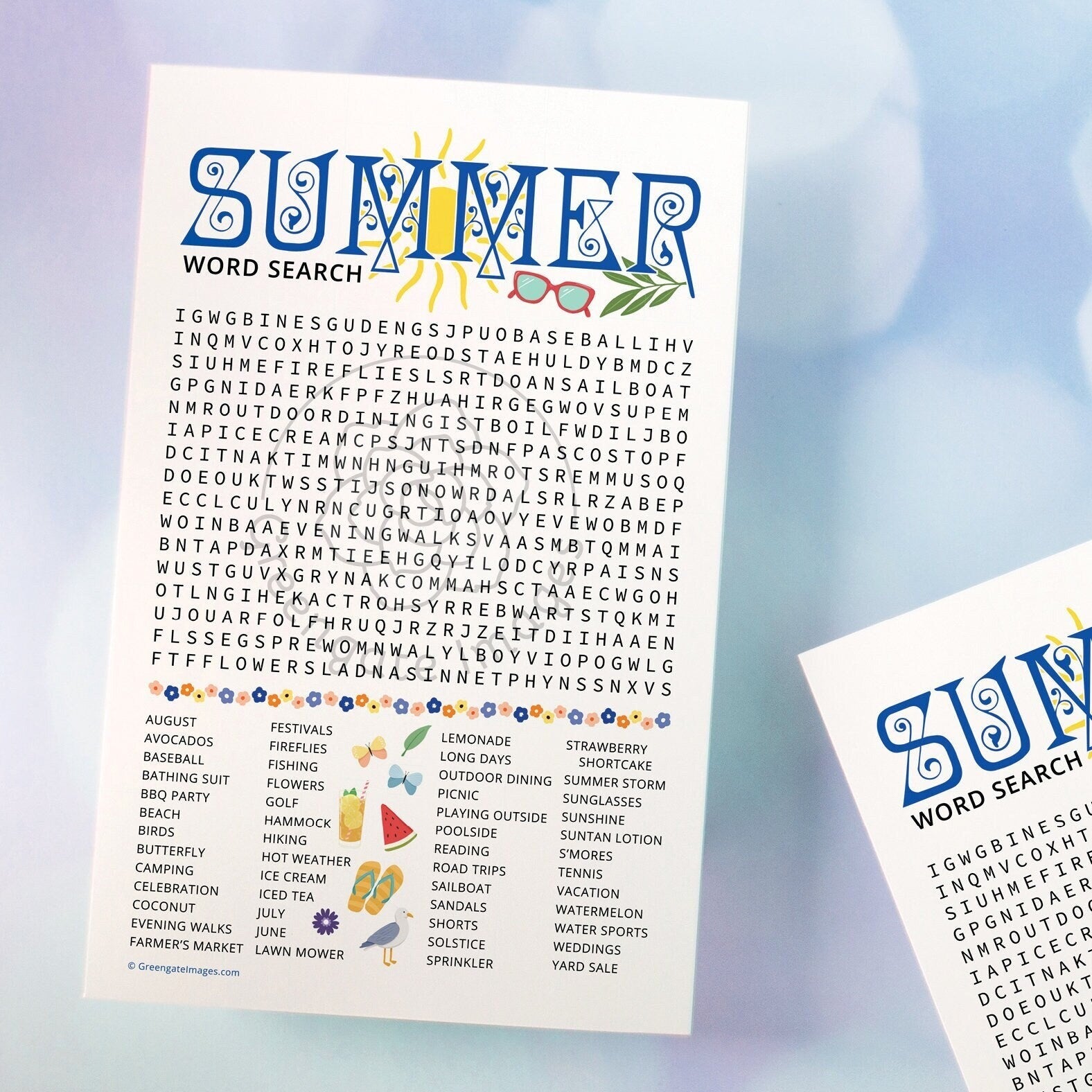 Summer Word Search - PRINTABLE downloadable activity. Fun word find party guests, adults & older kids. Big word list. Road trip, plane, car.