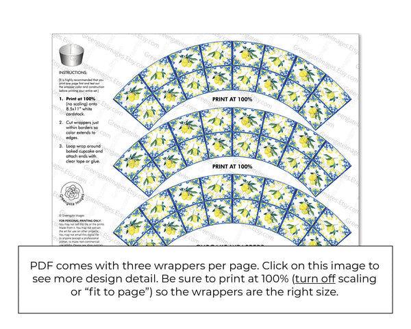 Lemons and Blue Tile Cupcake Wrapper - PRINTABLE instant download PDF.  Blue/white/yellow tile w lemons and blossoms. Amalfi coast vibe.
