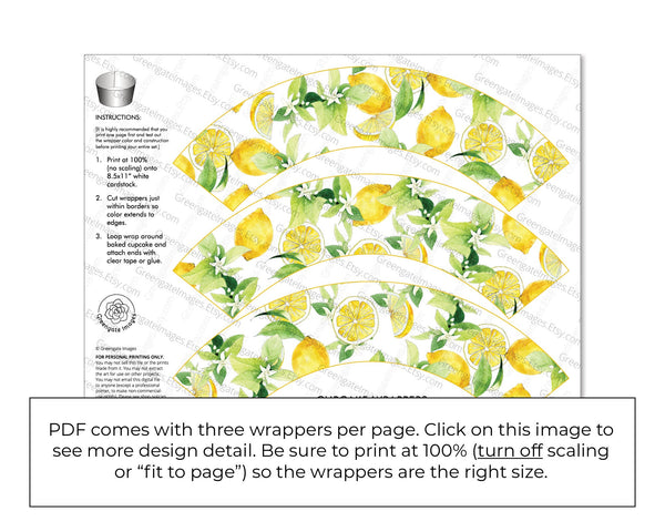 Lemons and Blossoms Cupcake Wrapper - PRINTABLE instant digital download. Watercolor artwork whole lemons, wedges, leaves, and flowers.