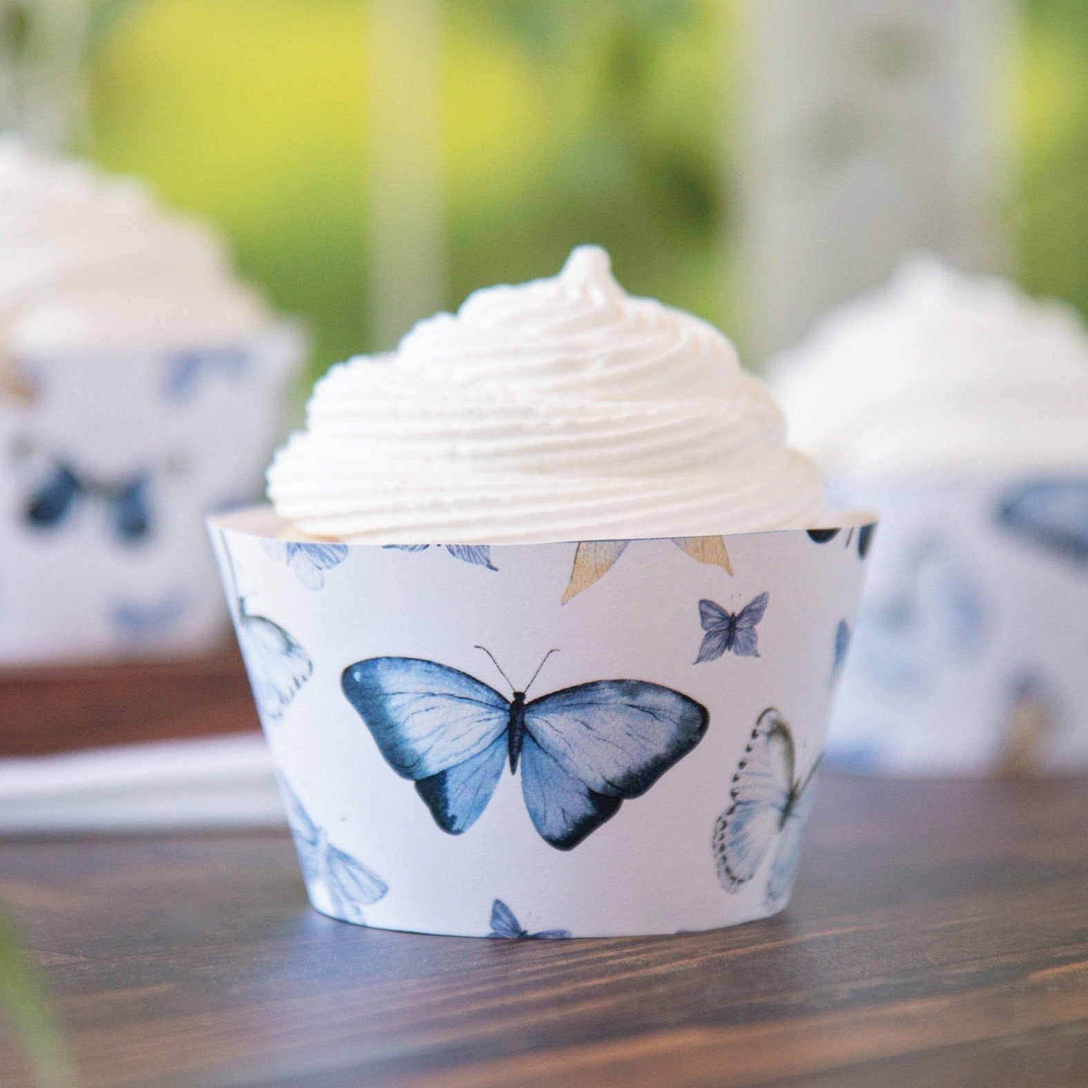 Blue Butterfly Cupcake Wrappers - PRINTABLE instant digital download PDF. Watercolor art for bridal showers, birthdays, weddings, spring.