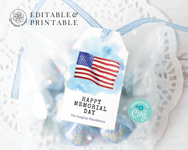 Patriotic/Memorial Day Gift Tag - Printable & Corjl Editable / Watercolor American Flag Gift Tag / Hang Tag / Multipurpose / Favor Bag Tag