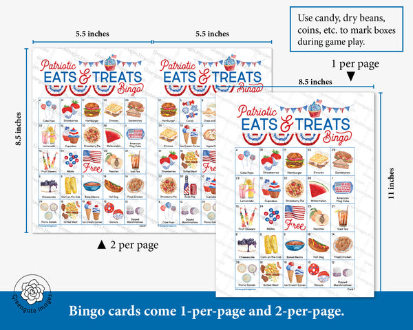 Patriotic Eats & Treats Bingo - 50 PRINTABLE unique cards. Instant digital download PDF. Activity for Memorial Day, 4th of July, Flag Day.