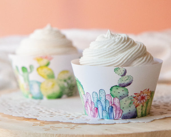 Cactus Cupcake Wrapper Duo - PRINTABLE instant download PDF. Desert-themed party. Watercolor multicolored cacti. Cute and whimsical idea.
