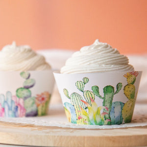 Cactus Cupcake Wrapper Duo - PRINTABLE instant download PDF. Desert-themed party. Watercolor multicolored cacti. Cute and whimsical idea.