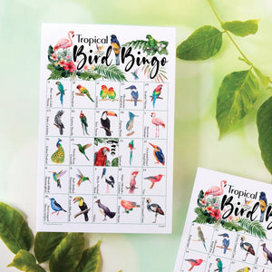 Tropical Bird Bingo - 50 PRINTABLE unique cards. Senior citizen activities, educational homeschooling, kids adult, exotic birds pet species.