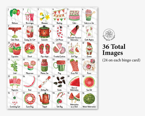 Watermelon Bingo - 50 PRINTABLE unique cards. Instant digital download PDF. Fun activity for One in a Melon themed parties and picnics.