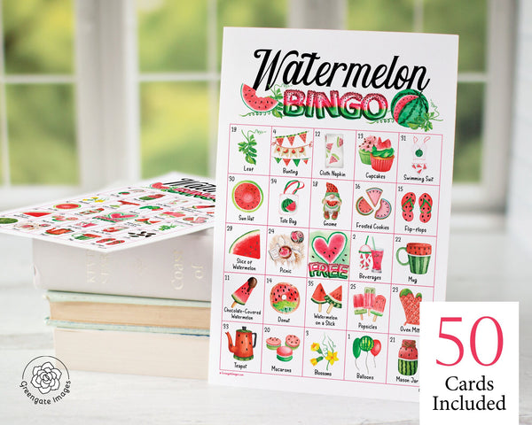 Watermelon Bingo - 50 PRINTABLE unique cards. Instant digital download PDF. Fun activity for One in a Melon themed parties and picnics.