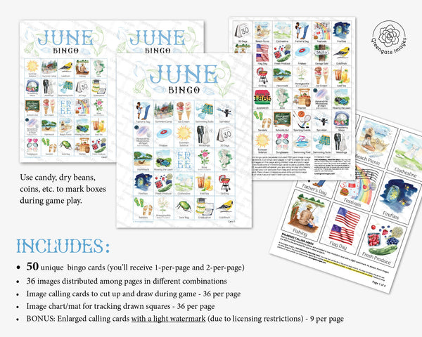 June Bingo - 50 PRINTABLE unique cards. Instant digital download PDF. Fun activity for June birthdays, Flag Day, summer potlucks, picnics.